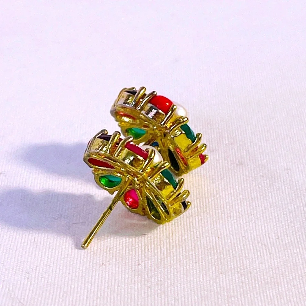 Vintage Multicolor Flower Stud Earrings Gold Tone Faux Pearl Jewel Tone‎ Floral